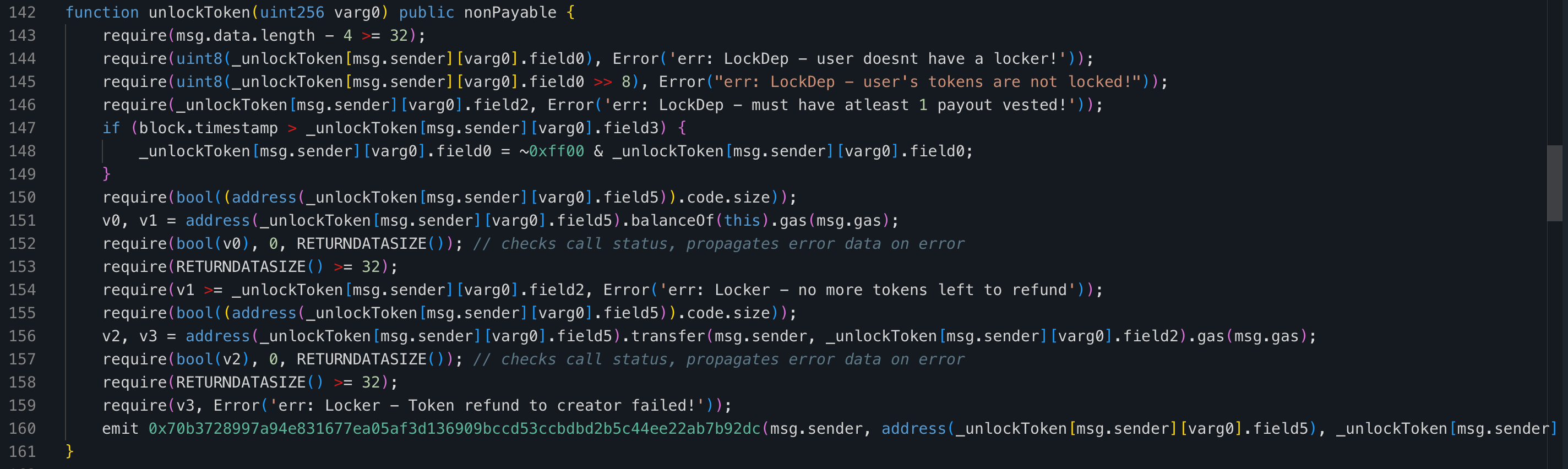 A function that unlocks tokens from the vulnerable smart contract