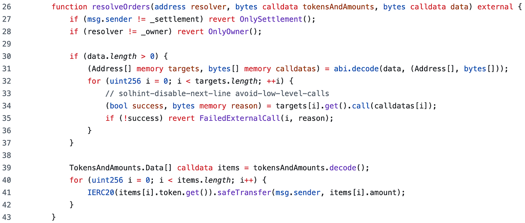 https://github.com/1inch/fusion-resolver-example/blob/31834fe1c58e73021ebbdfae05168bb942719790/contracts/ResolverExample.sol